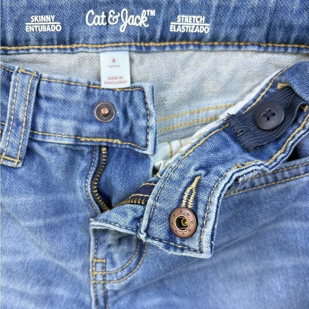 Cat & Jack Boys Blue Denim Adjustable Tabs Skinny Fit Stretch Jeans Size 6